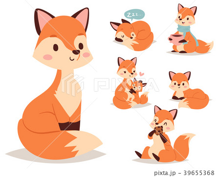 Fox Character Doing Different Foxy Activitiesのイラスト素材