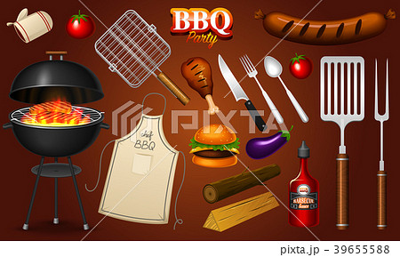 Barbecue grill elements set isolated on redのイラスト素材 [39655588] - PIXTA