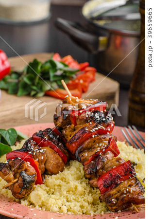Chicken skewers say sauce 39659665