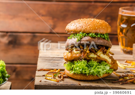 Fish and Chips Burger with grilled portobello 39660691