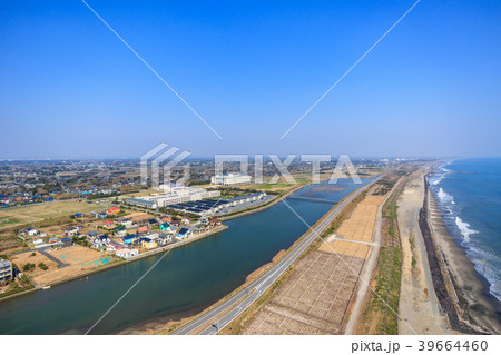 東京オリンピックサーフィン会場の町千葉県一宮町と長生村の海岸付近を空撮 東京オリンピックサーフィン会場の町千葉県一宮町と長生村の海岸付近を空撮 39664460