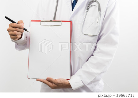 Doctor showing blank clipboard Isolated on white  39665715