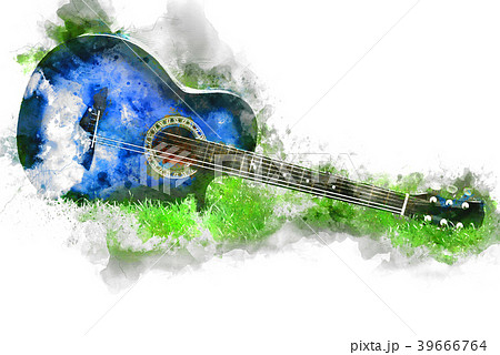 Colorful Guitar On Watercolor Painting Backgroundのイラスト素材