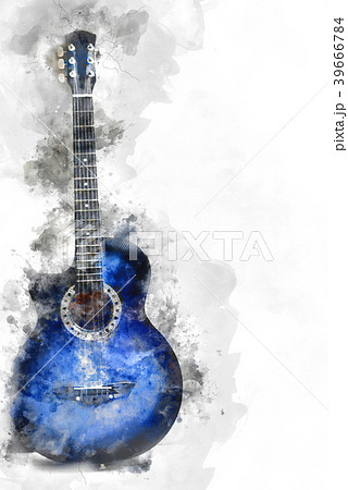 Colorful Guitar On Watercolor Painting Backgroundのイラスト素材
