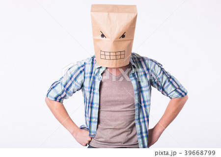 Depressed angry man with picture emotional face on 39668799