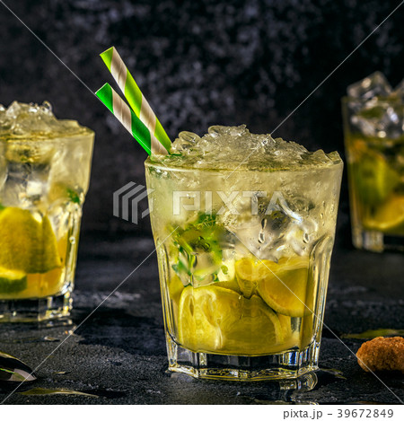 Fresh lime cocktail with ice, selective focus. 39672849