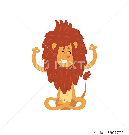 Cute lion cub cartoon character meditating in 39677764