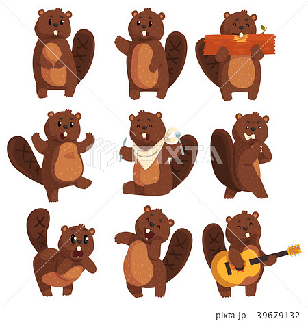 Cute Funny Character Beaver In Different Actionsのイラスト素材