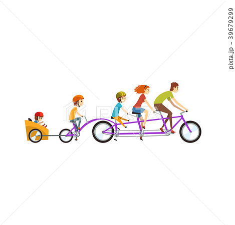 Parents riding on tandem bicycle with 
