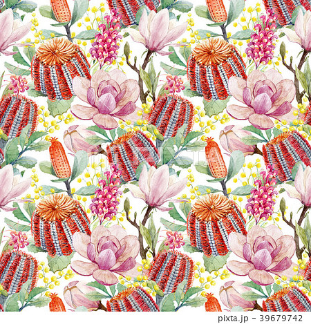 Watercolor australian banksia and magnolia pattern 39679742