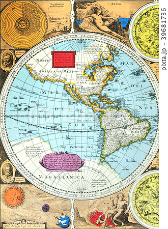 世界地図 古地図 地図 マップ Map 1627年 製図 エンボスペーパー印刷の写真素材