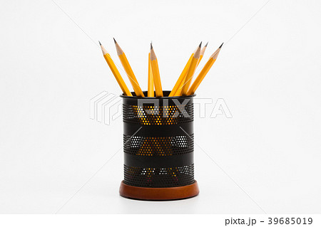 Yellow pencils in pot on white background Yellow pencils in pot on white background 39685019