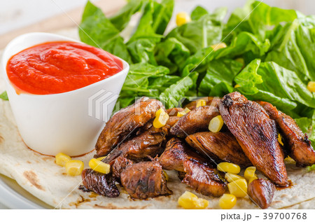 Chicken teriyaki salad on tortilla 39700768
