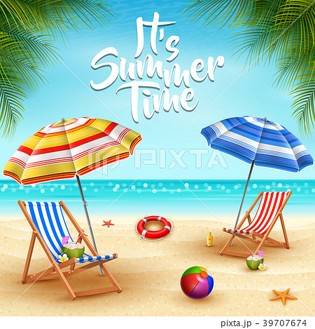 Summer holidays background. Umbrellas, desk chair, 39707674