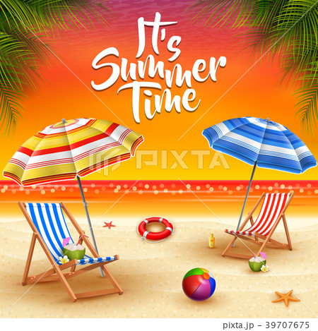 Summer holidays background. Umbrellas, desk chair, 39707675