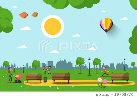 Park with Benches, People and City Skyline 39708770