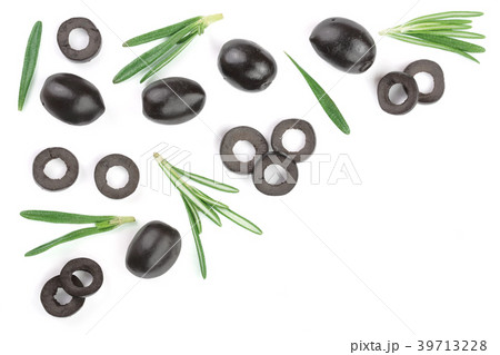 whole and sliced black olives with rosemary leaves 39713228