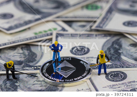Miniature people worker digging silver ethereum 39724311