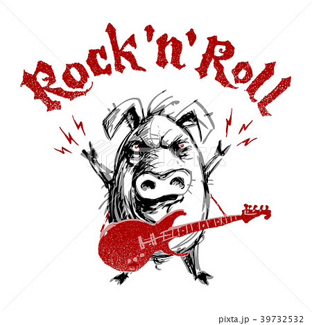 Rock And Roll Lettering With Cartoon Pigのイラスト素材