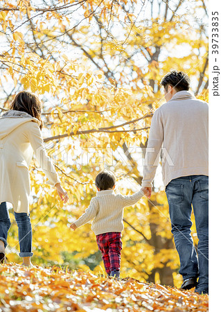秋の公園で遊ぶ3人家族の後ろ姿の写真素材