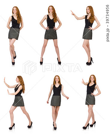 Red hair girl in gray dress isolated on white Red hair girl in gray dress isolated on white 39734956