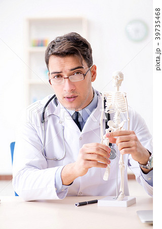 Doctor explaining human body on skeleton Doctor explaining human body on skeleton 39735468
