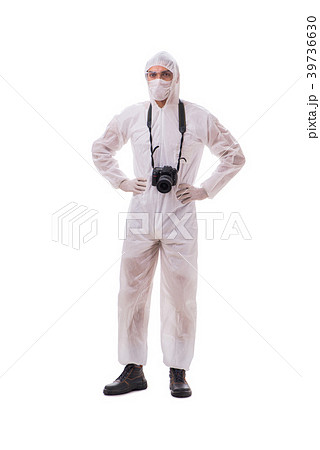 Forensic specialist in protective suit taking 39736630