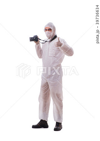 Forensic specialist in protective suit taking 39736634