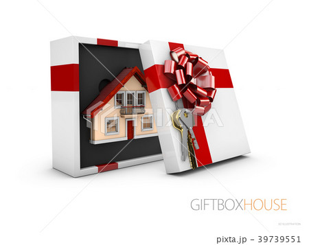 Model of a house in gift box with red ribbon, 3d 39739551