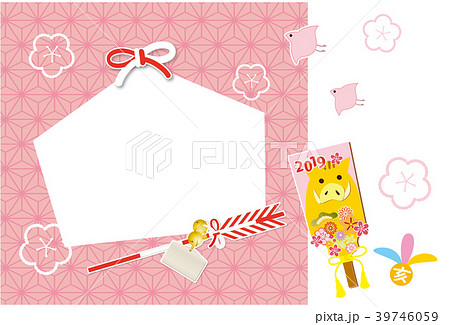 2019年 年賀状 絵馬のフォトフレーム 和柄背景 イノシシの羽子板 2019年 年賀状 絵馬のフォトフレーム 和柄背景 イノシシの羽子板 39746059