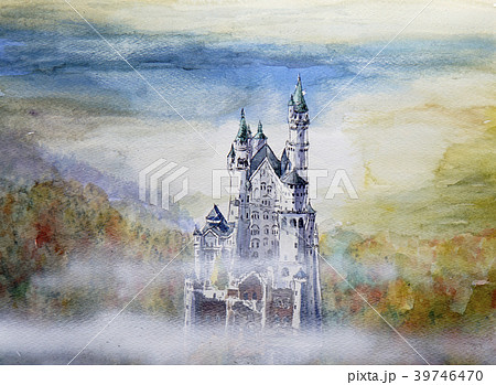 ノイシュバイシュタイン城 手描きスケッチ シンデレラ城のイラスト素材