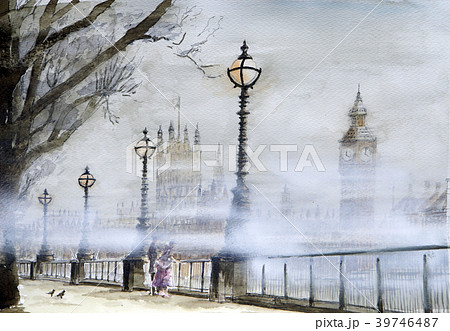 霧のロンドン ビッグペン ロンドン 手書き 水彩画のイラスト素材
