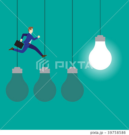 Businessman Jumping On Three Dark Light Bulbs 39758586