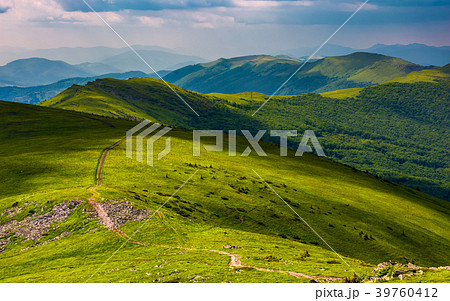 path through grassy meadow on hillside 39760412