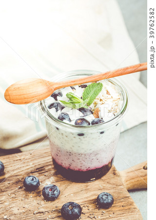 Blueberry and coconut musse layered in jar Blueberry and coconut musse layered in jar 39762582