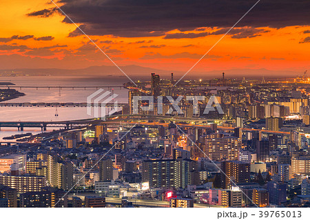 Dramatic sunset tone aerial view crowded Osaka 39765013