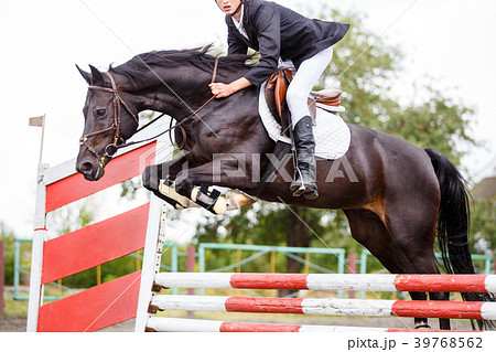 Young rider man jumping on horse over obstacle Young rider man jumping on horse over obstacle 39768562
