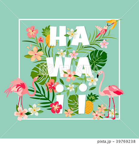 Hawaiian  card with toucan,pineapple,flamingo Hawaiian  card with toucan,pineapple,flamingo 39769238