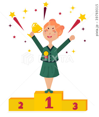Girl holding winning trophy. Victory concept. 39769315