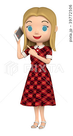 赤いワンピースを着た女性が 携帯電話で話をしているのイラスト素材