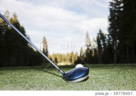 A closeup of a driver and a ball about to be driven on a golf course. A closeup of a driver and a ball about to be driven on a golf course. 39776007