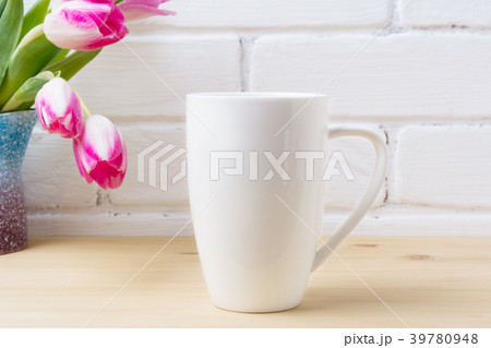 White coffee cappuccino mug mockup magenta tulips White coffee cappuccino mug mockup magenta tulips 39780948