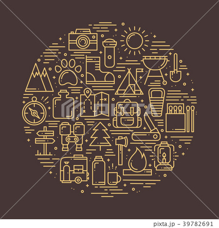 Circle with Hiking and Camping Line Symbols in 39782691