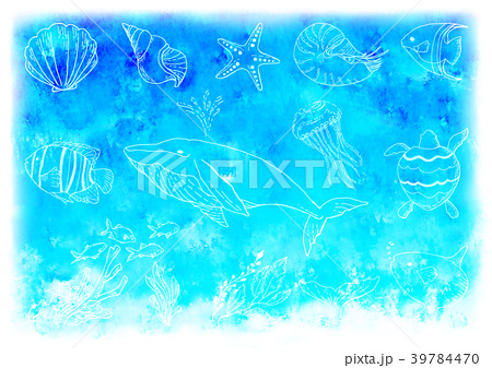 水彩 海の生物イラスト 背景のイラスト素材