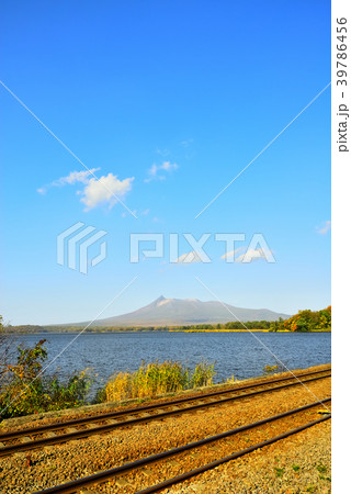 大沼公園　駒ヶ岳と紅葉と青空 39786456