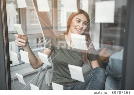 Satisfied girl making notes for staff 39787168