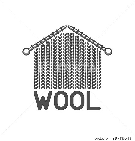 Wool emblem with knitted fabric and needles. Label 39789043