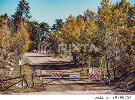 Campground closed sign on gate Campground closed sign on gate 39790754