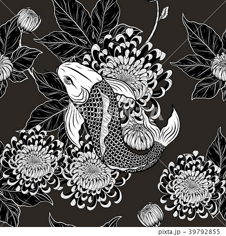 Koi fish and chrysanthemum pattern by hand drawing 39792855