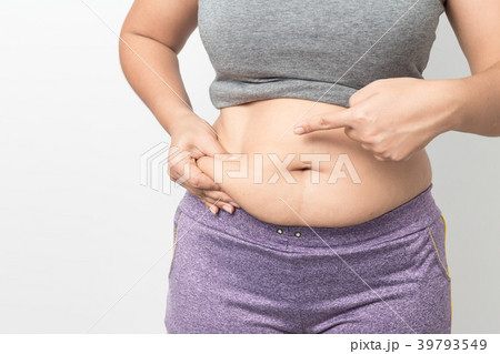 Overweight woman hand pinching excessive belly fat Overweight woman hand pinching excessive belly fat 39793549